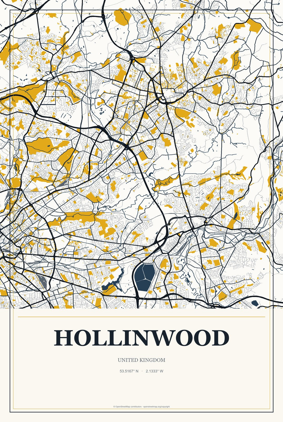 Hollinwood, United Kingdom City Map Aluminum Sign in Citrine Modern style