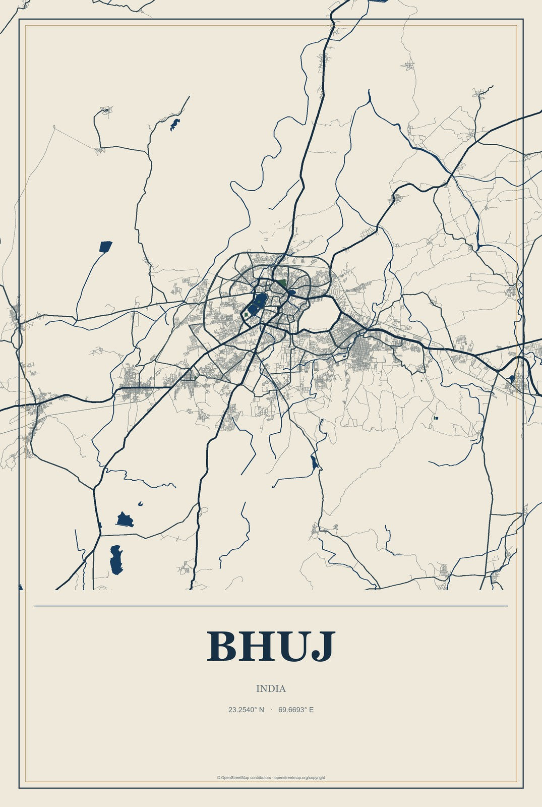 Bhuj, India City Map Aluminum Sign in Coastal Cutout style