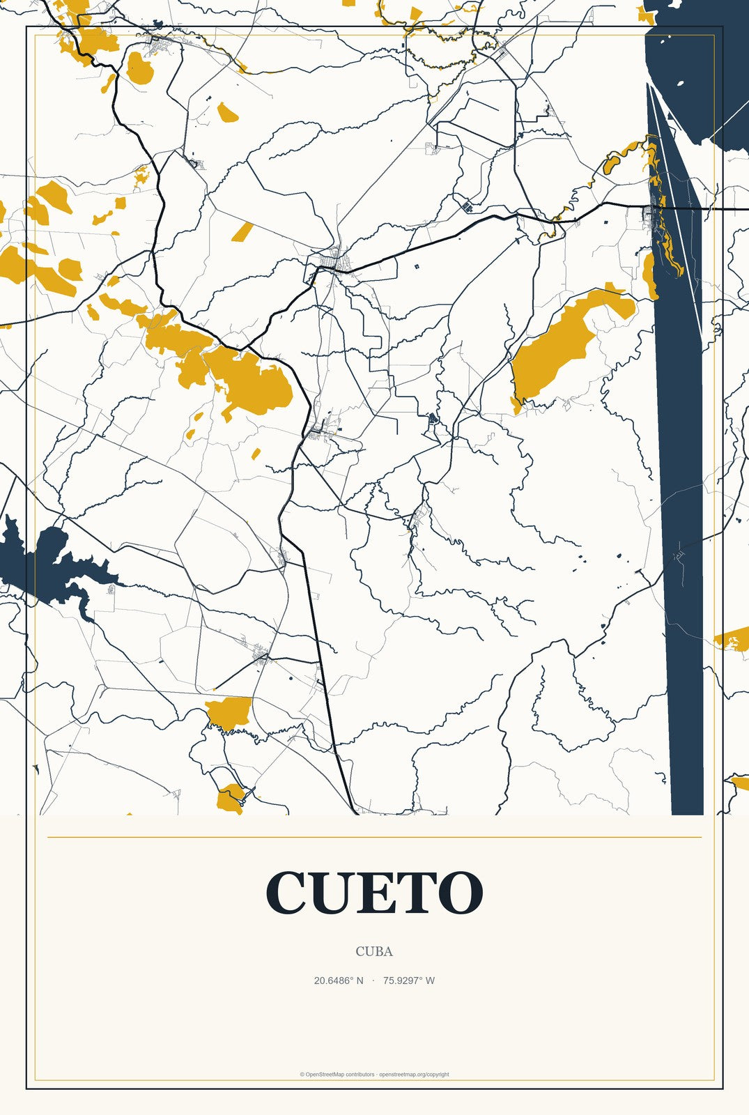 Cueto, Cuba City Map Aluminum Sign in Citrine Modern style