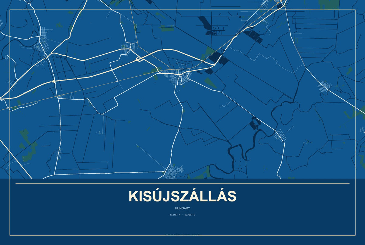 Kisújszállás, Hungary City Map Aluminum Sign in Harbor Cobalt style
