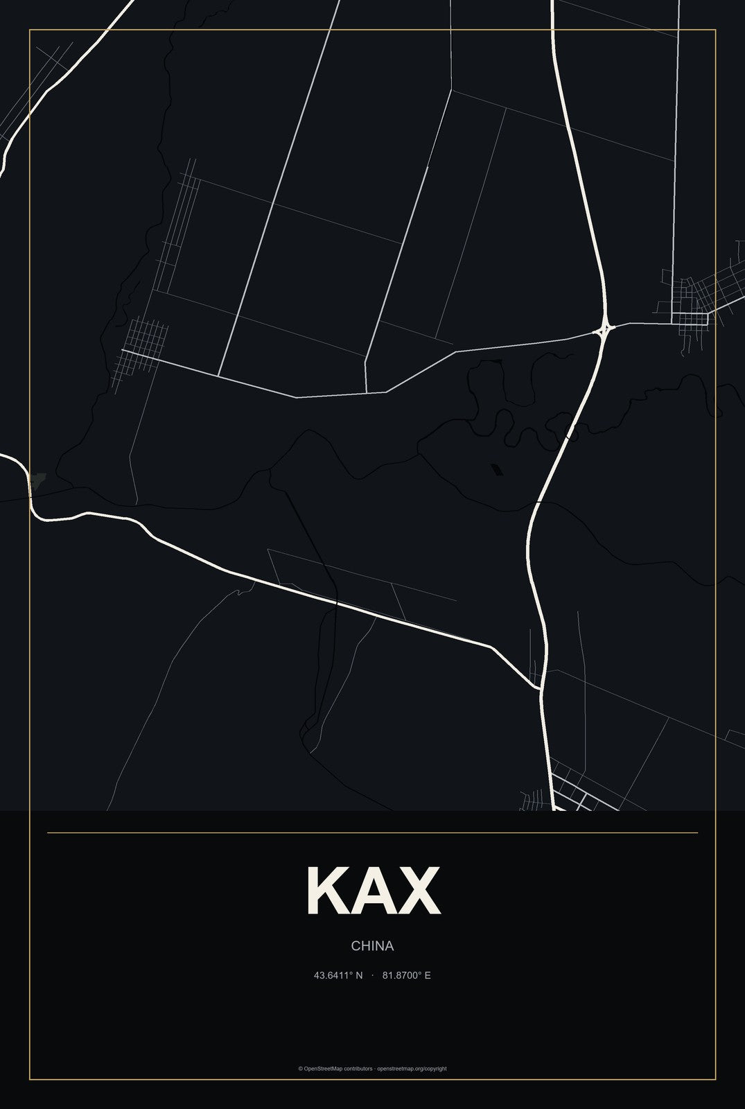 Kax, China City Map Aluminum Sign in Metropolitan Noir style