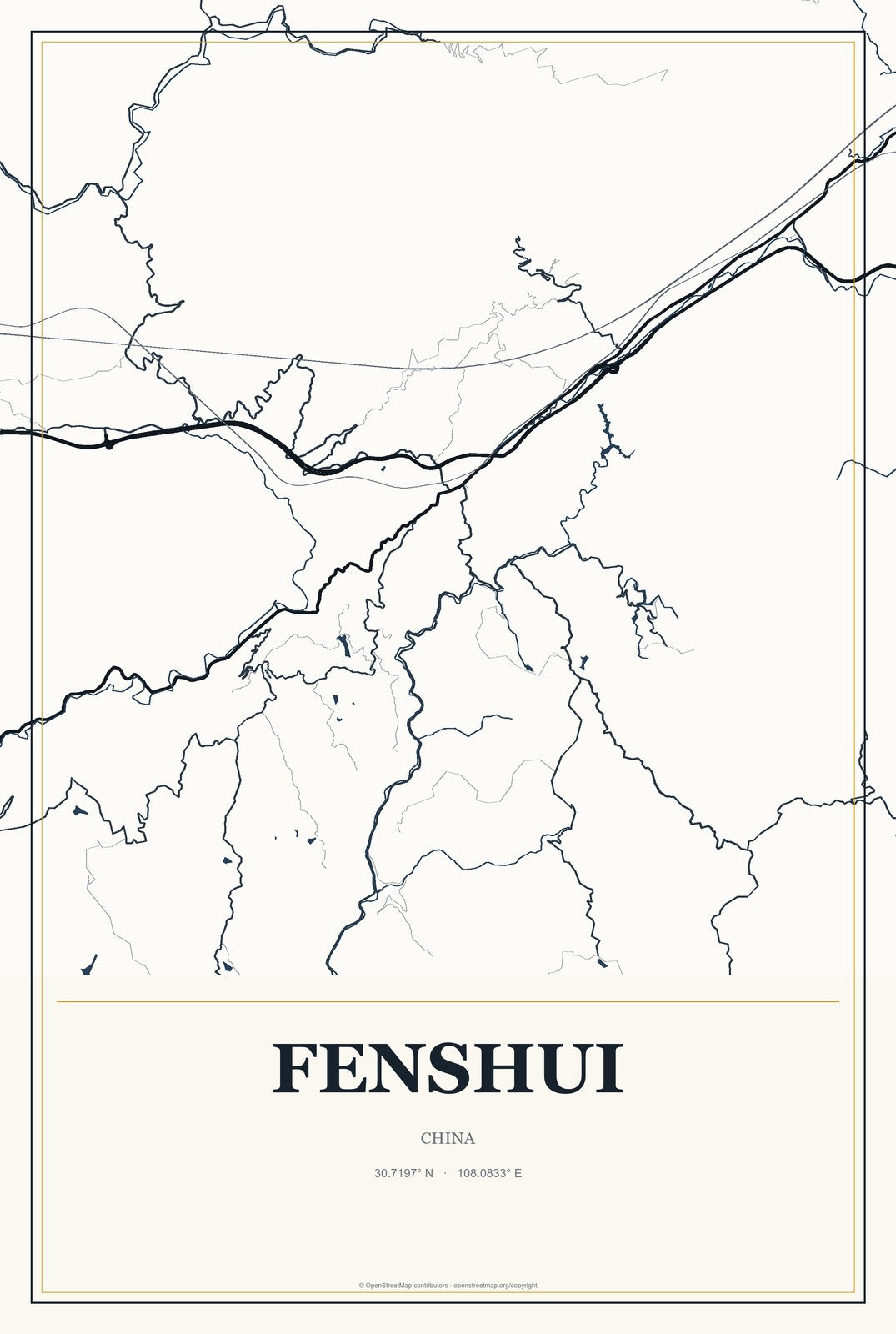 Fenshui, China City Map Aluminum Sign in Citrine Modern style