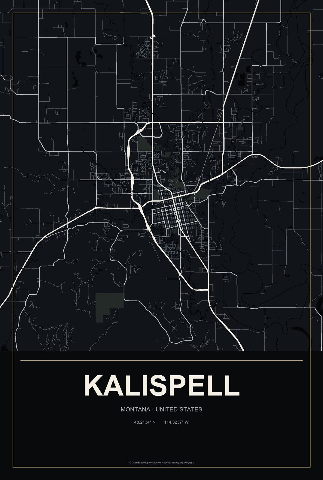 Kalispell, Montana City Map Aluminum Sign in Metropolitan Noir style