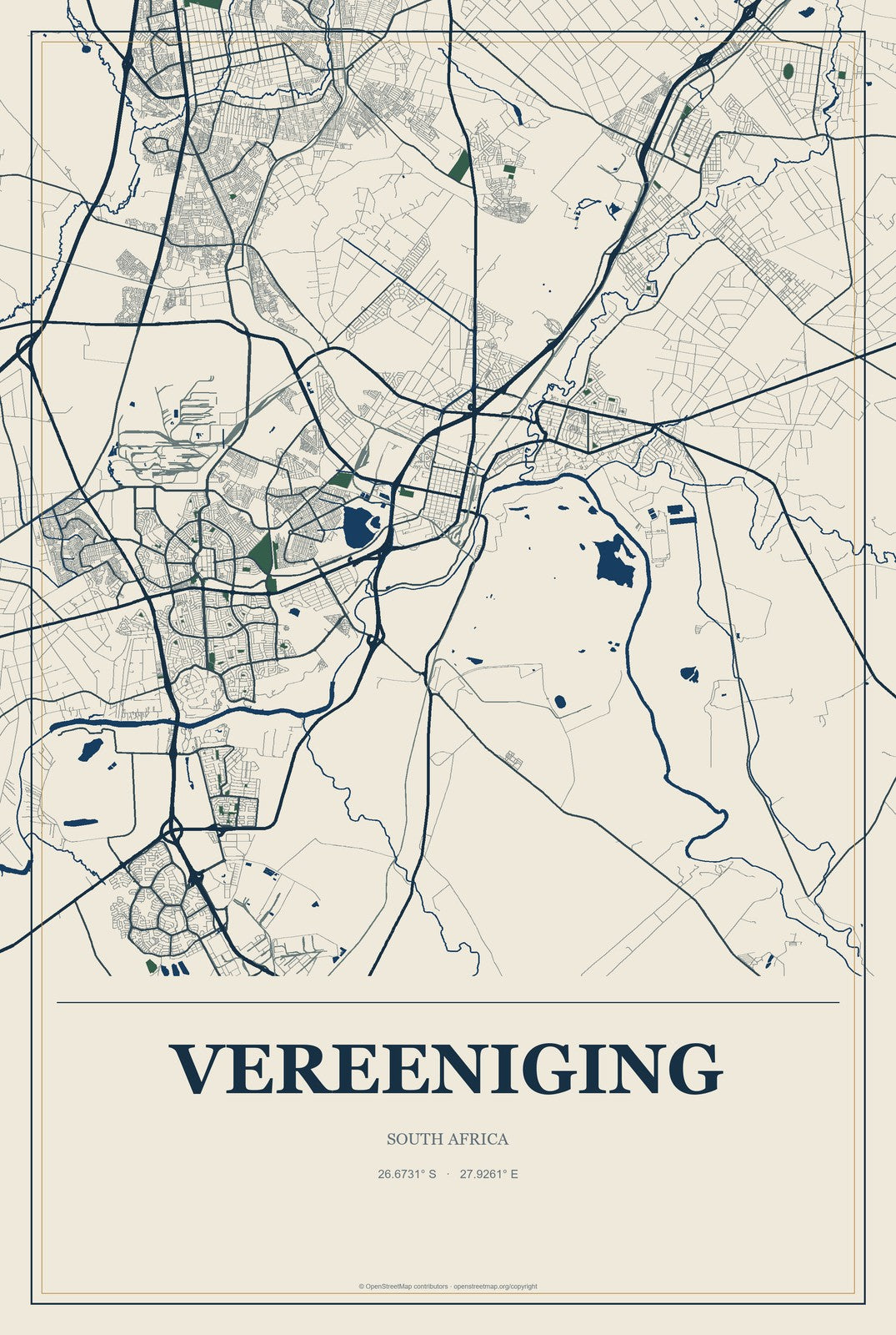Vereeniging, South Africa City Map Aluminum Sign in Coastal Cutout style