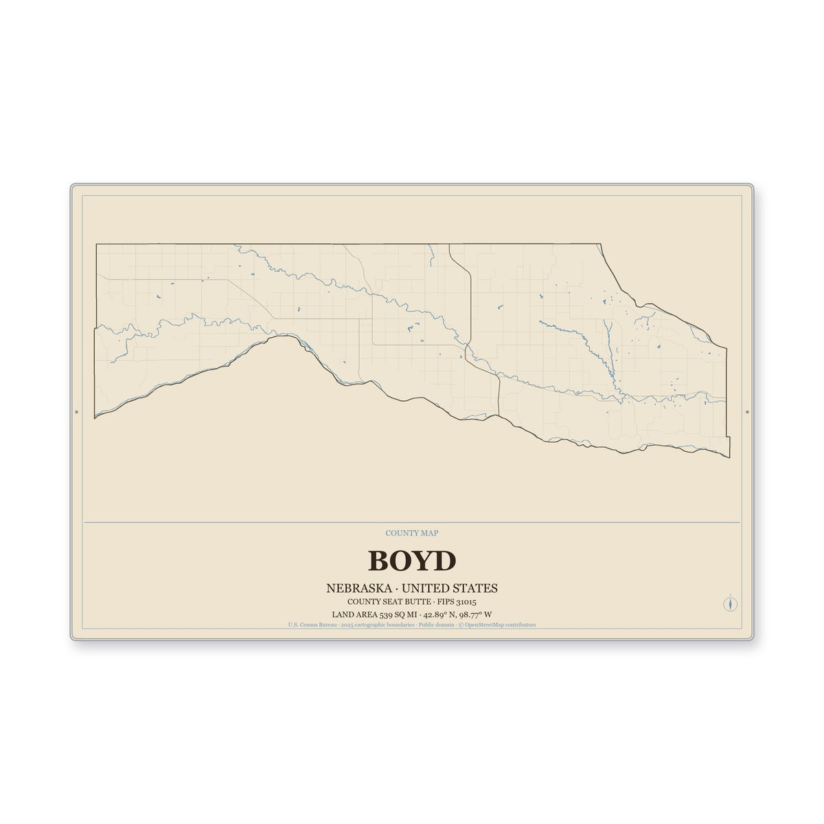 Boyd County, Nebraska Map Aluminum Sign in Heritage Nautical style