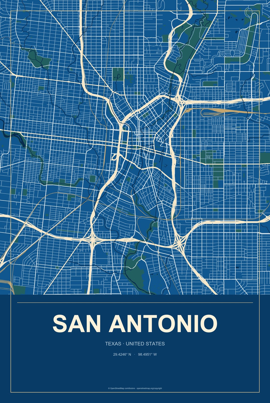 San Antonio, Texas City Map Aluminum Sign in Harbor Cobalt style