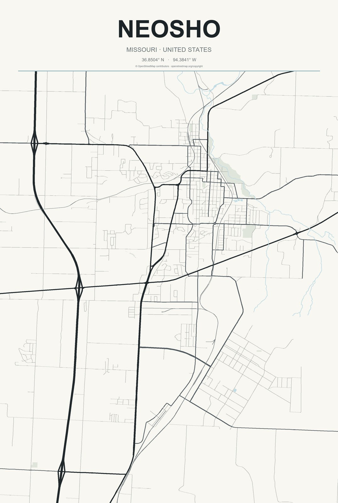 Neosho, Missouri City Map Aluminum Sign in Headline Atlas style