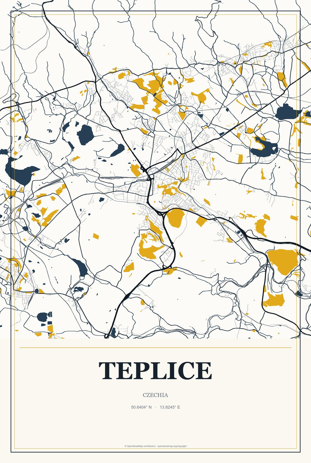 Teplice, Czechia City Map Aluminum Sign in Citrine Modern style