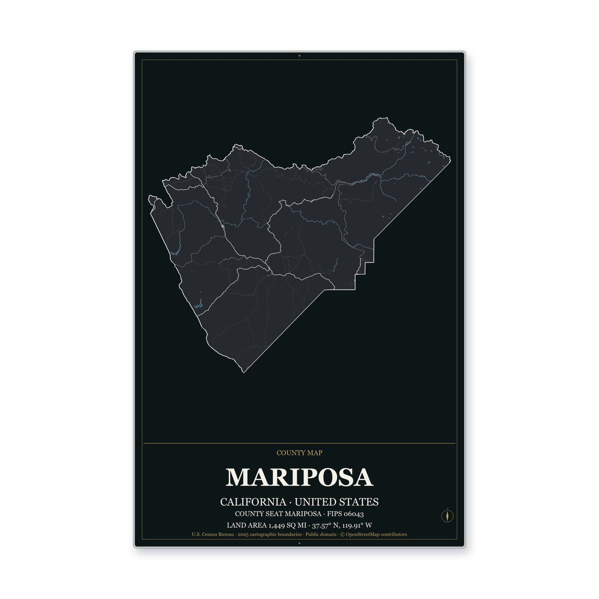Mariposa County, California Map Aluminum Sign in Metropolitan Noir style