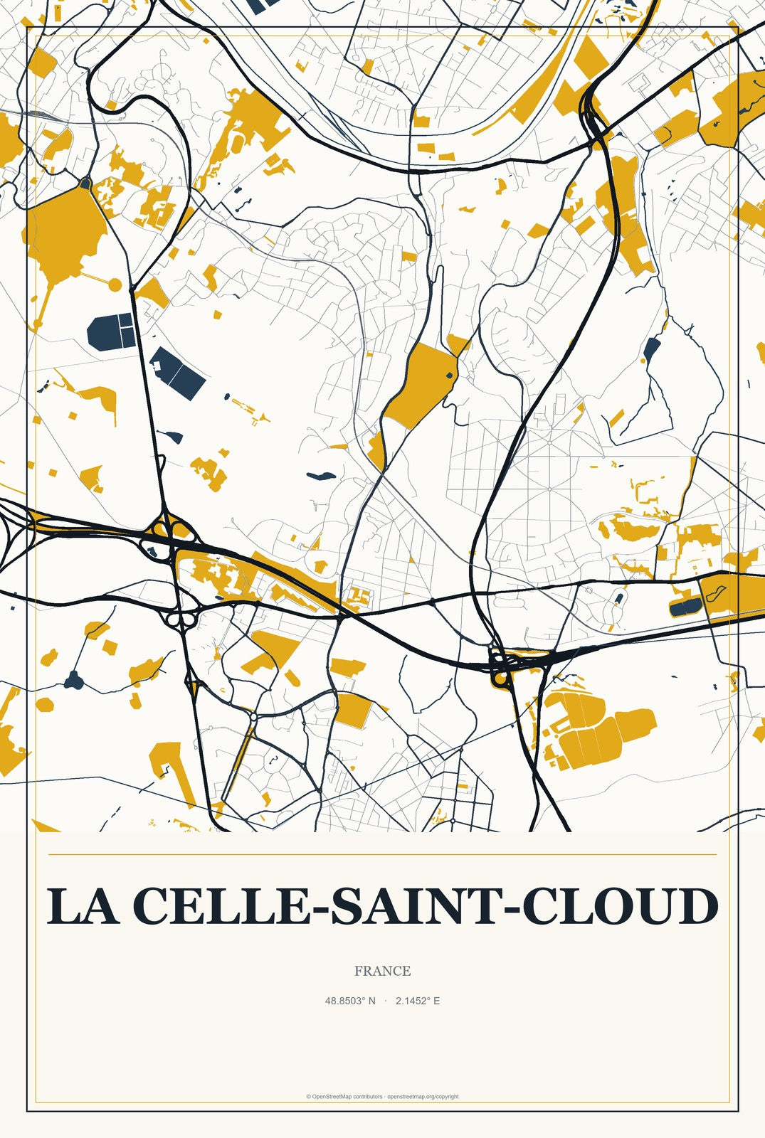 La Celle-Saint-Cloud, France City Map Aluminum Sign in Citrine Modern style