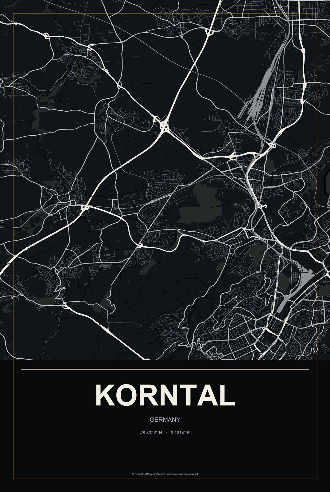 Korntal, Germany City Map Aluminum Sign in Metropolitan Noir style