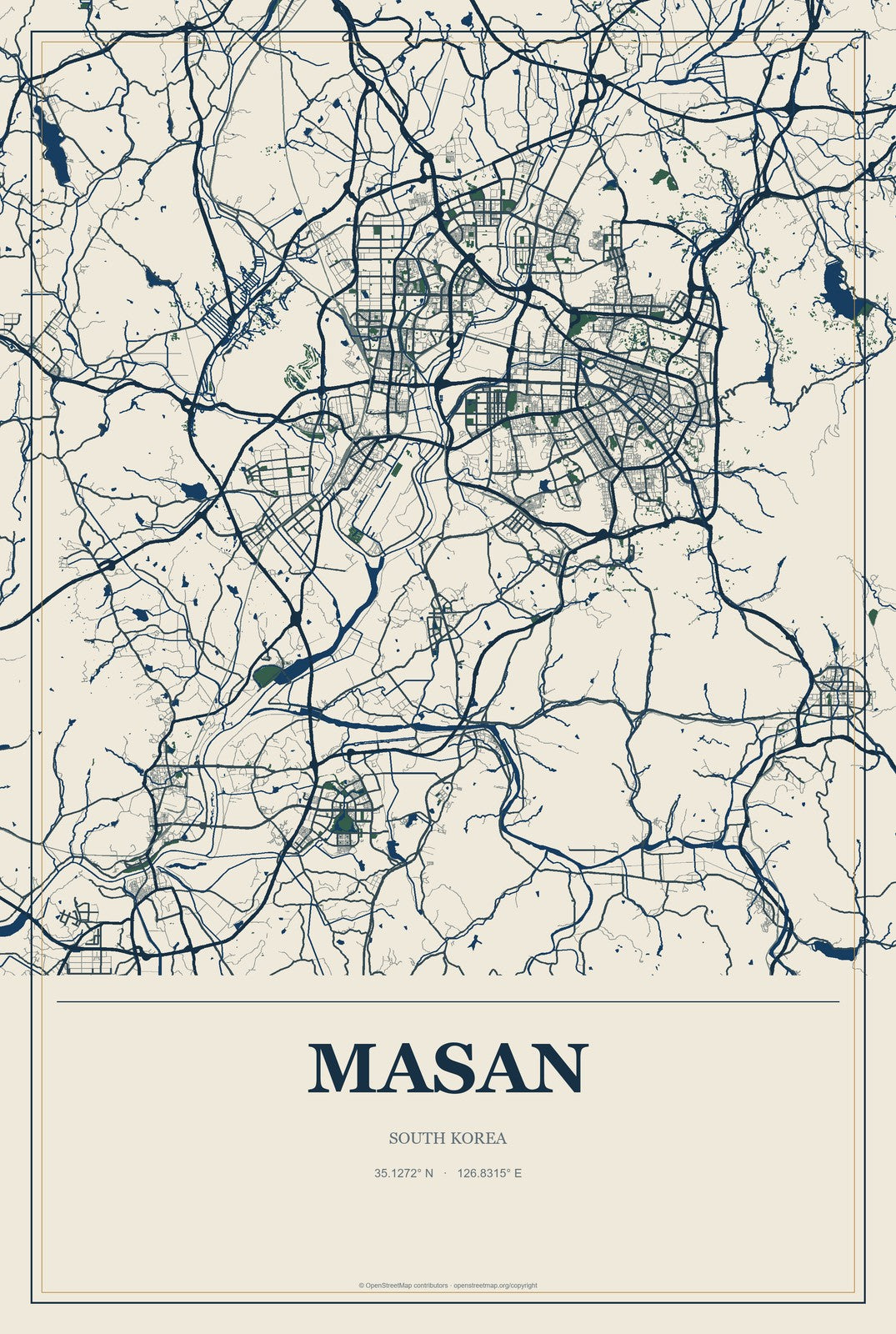 Masan, South Korea City Map Aluminum Sign in Coastal Cutout style