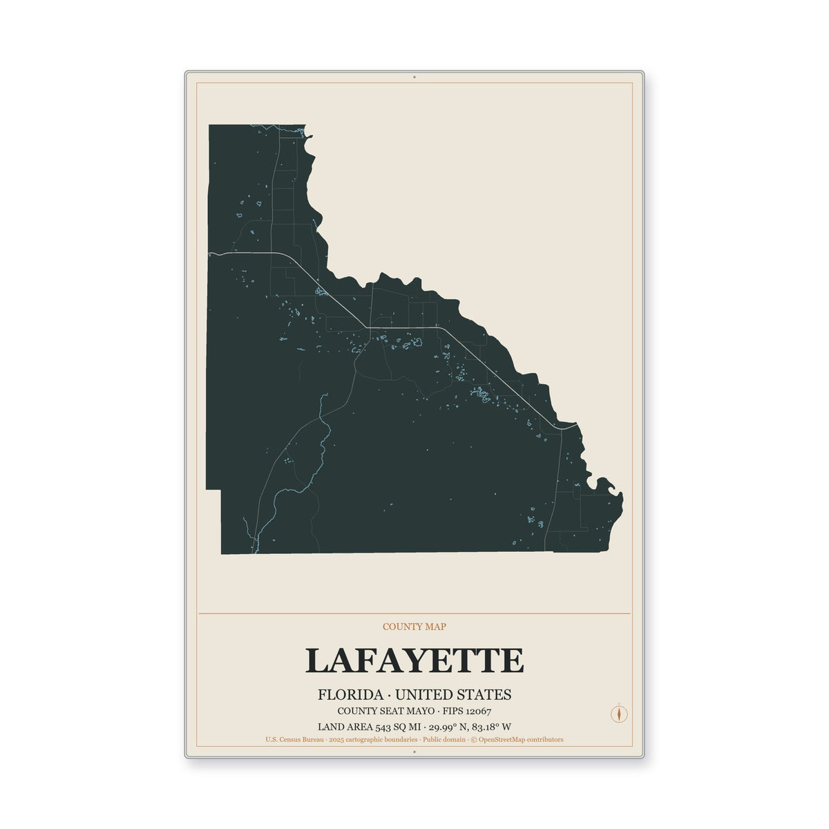 Lafayette County, Florida Map Aluminum Sign in Headline Atlas style