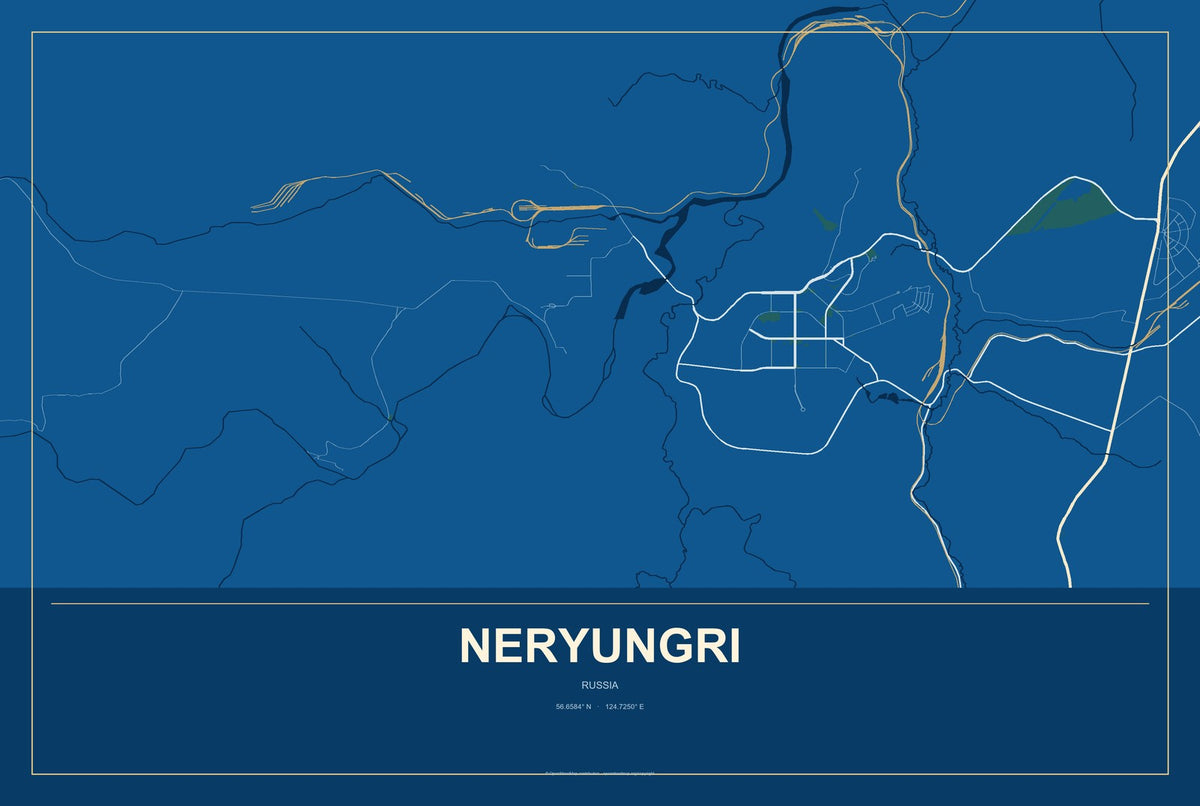 Neryungri, Russia City Map Aluminum Sign in Harbor Cobalt style