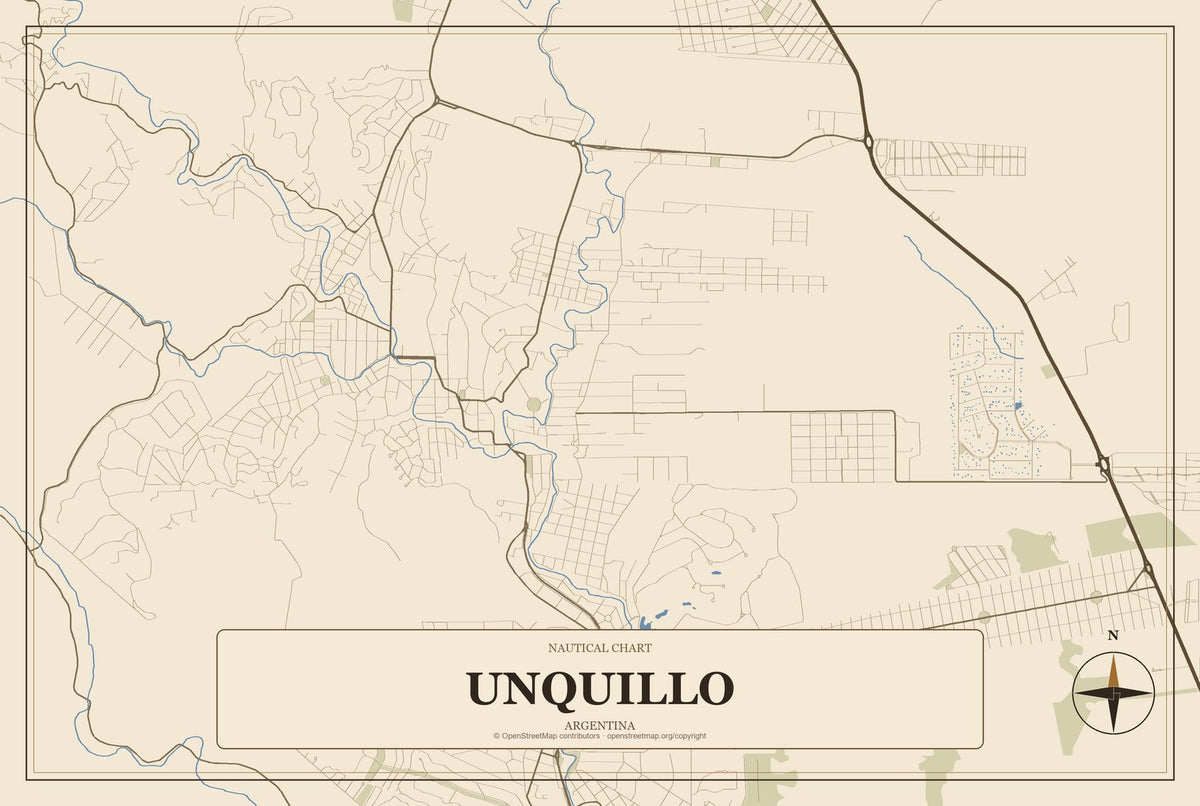 Unquillo, Argentina City Map Aluminum Sign in Heritage Nautical style