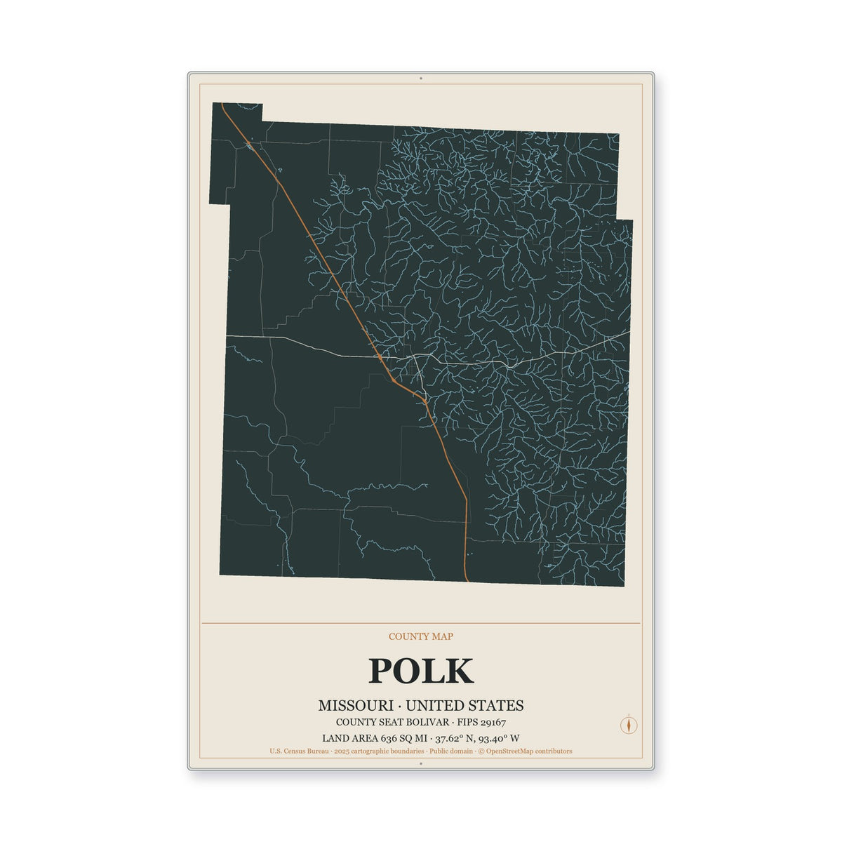 Polk County, Missouri Map Aluminum Sign in Headline Atlas style
