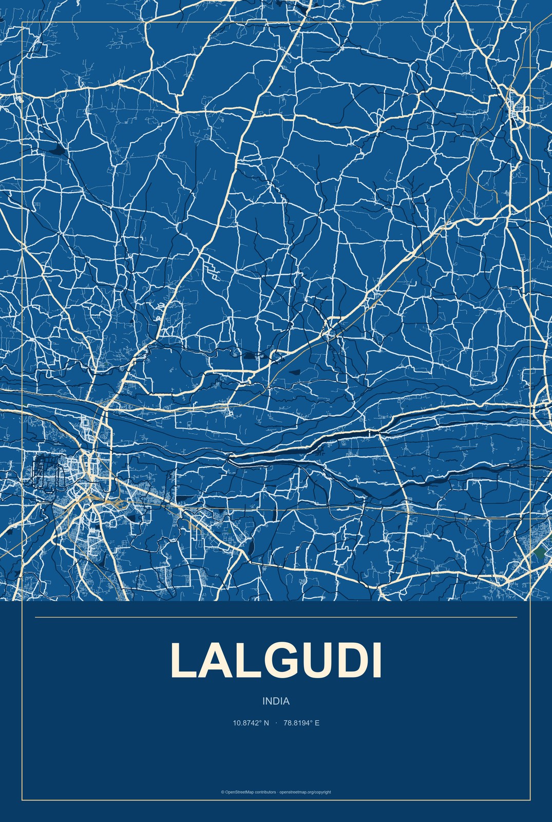 Lalgudi, India City Map Aluminum Sign in Harbor Cobalt style