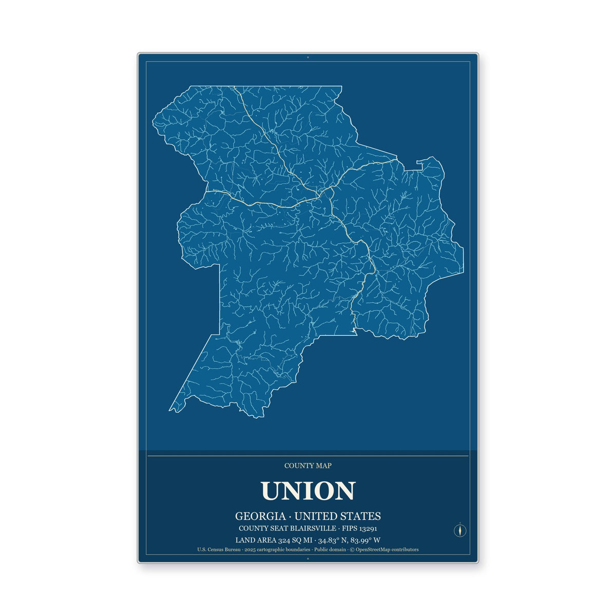 Union County, Georgia Map Aluminum Sign in Harbor Cobalt style