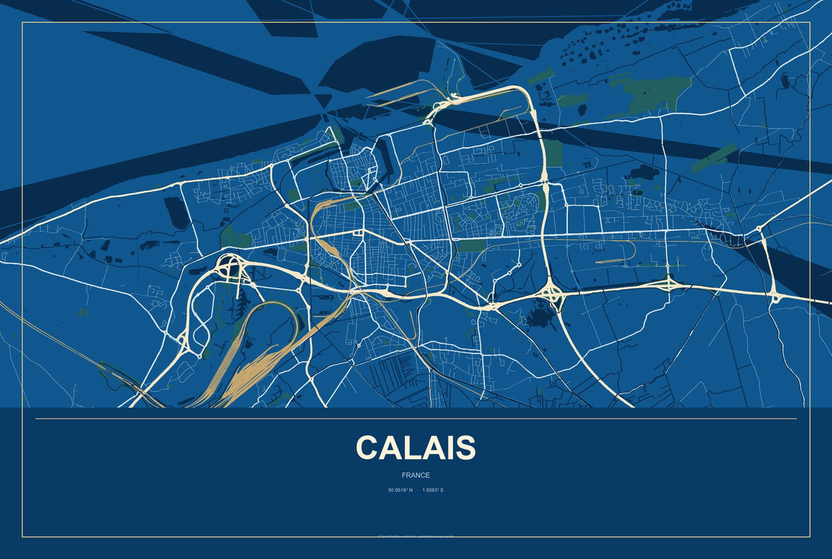 Calais, France City Map Aluminum Sign in Harbor Cobalt style