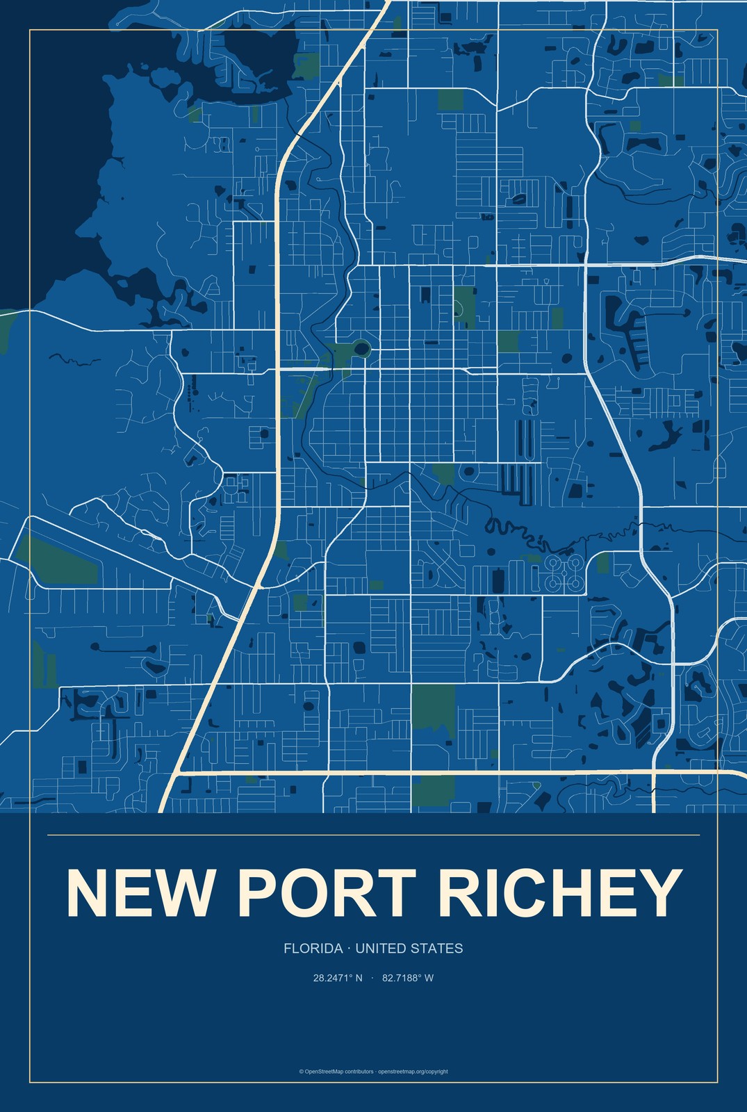 New Port Richey, Florida City Map Aluminum Sign in Harbor Cobalt style