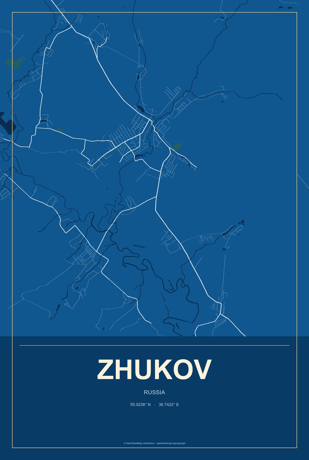 Zhukov, Russia City Map Aluminum Sign in Harbor Cobalt style