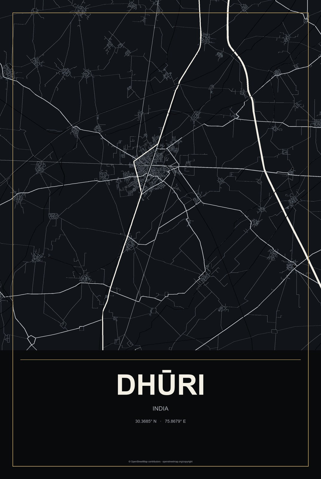 Dhūri, India City Map Aluminum Sign in Metropolitan Noir style