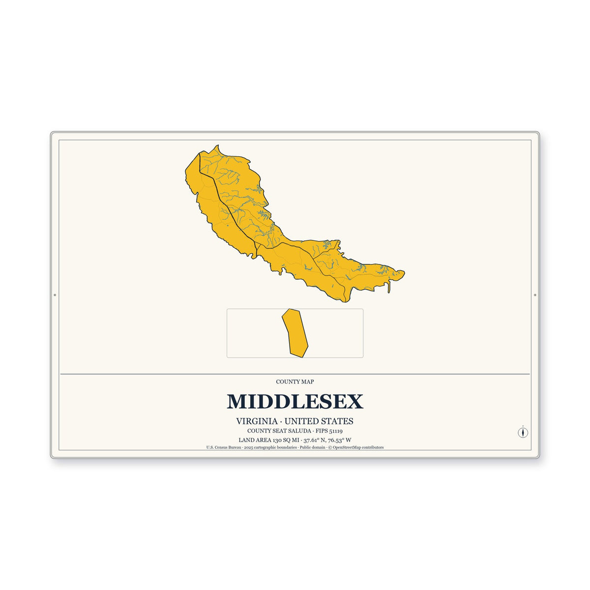 Middlesex County, Virginia Map Aluminum Sign in Citrine Modern style