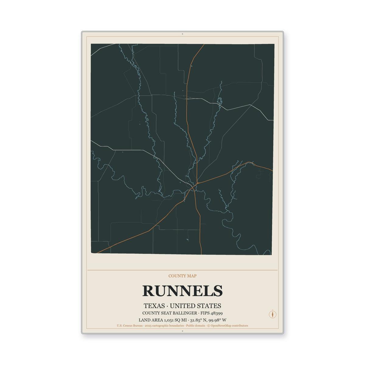 Runnels County, Texas Map Aluminum Sign in Headline Atlas style