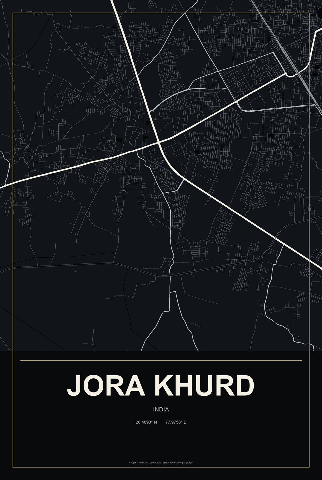 Jora Khurd, India City Map Aluminum Sign in Metropolitan Noir style