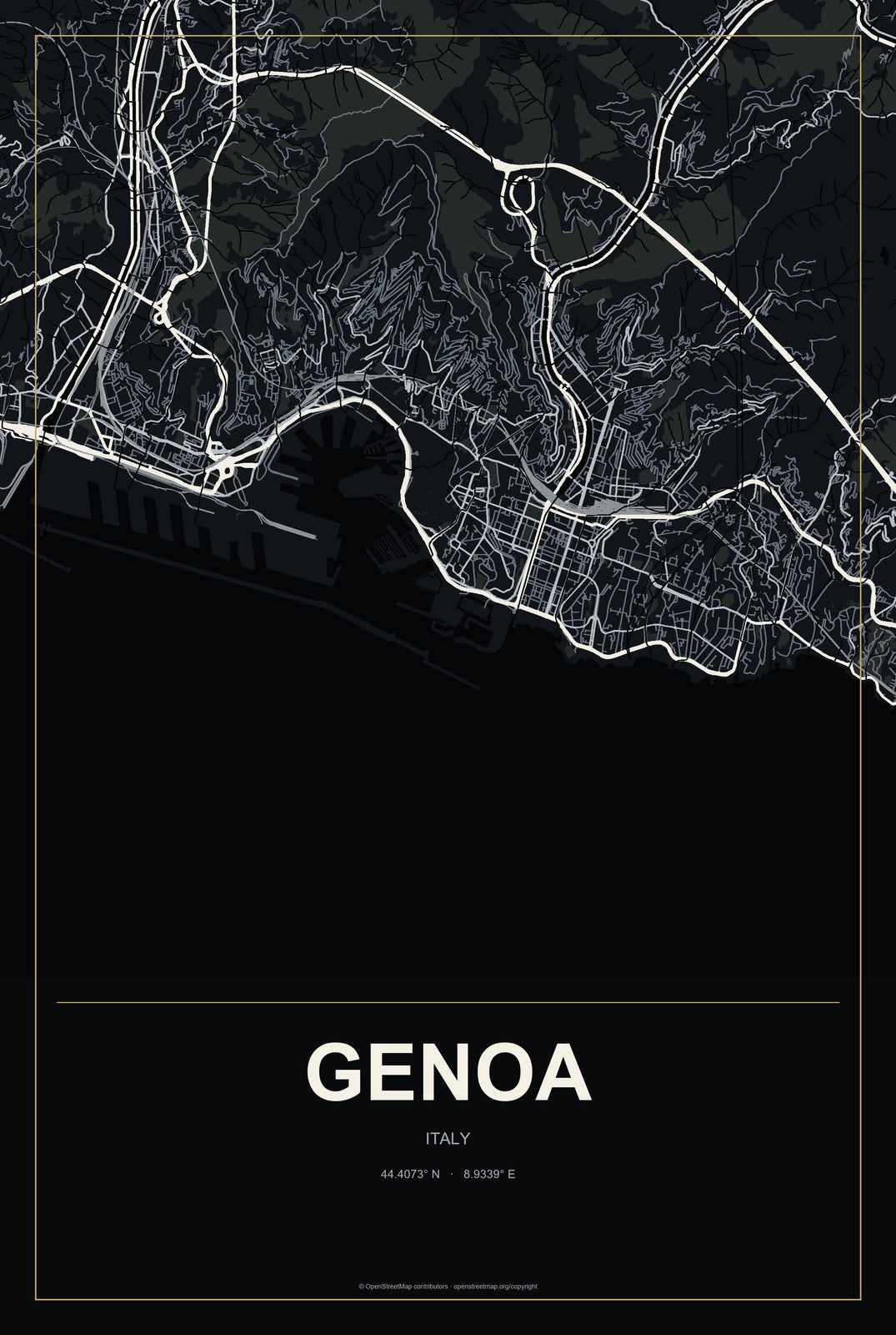 Genoa, Italy City Map Aluminum Sign in Metropolitan Noir style