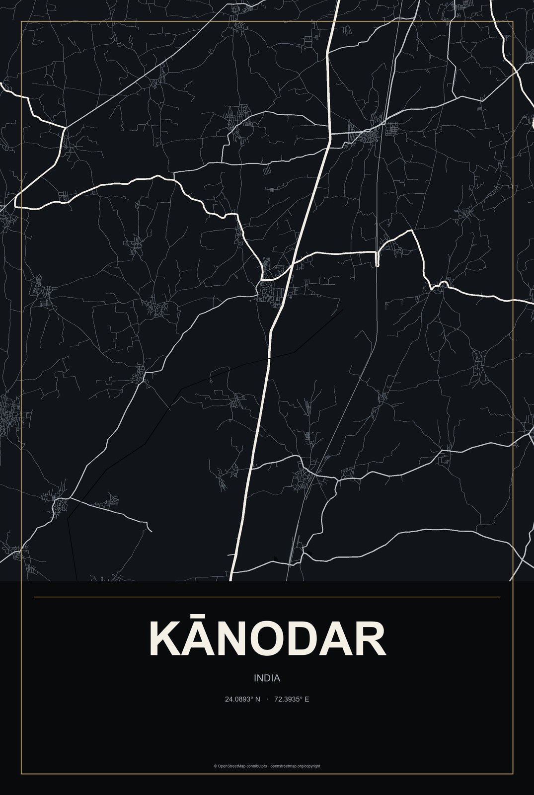 Kānodar, India City Map Aluminum Sign in Metropolitan Noir style