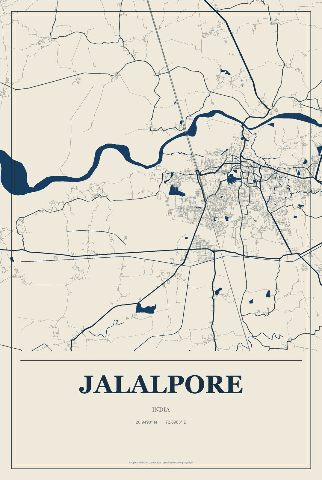 Jalalpore, India City Map Aluminum Sign in Coastal Cutout style