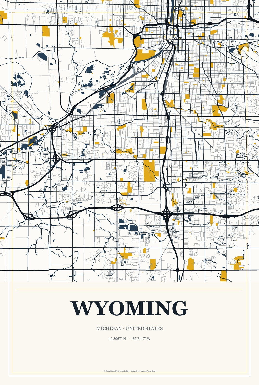 Wyoming, Michigan City Map Aluminum Sign in Citrine Modern style