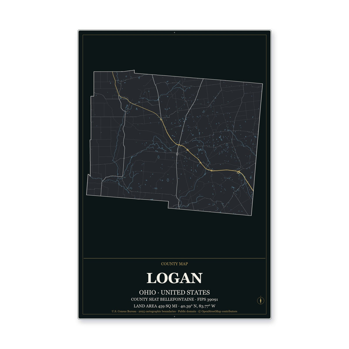 Logan County, Ohio Map Aluminum Sign in Metropolitan Noir style