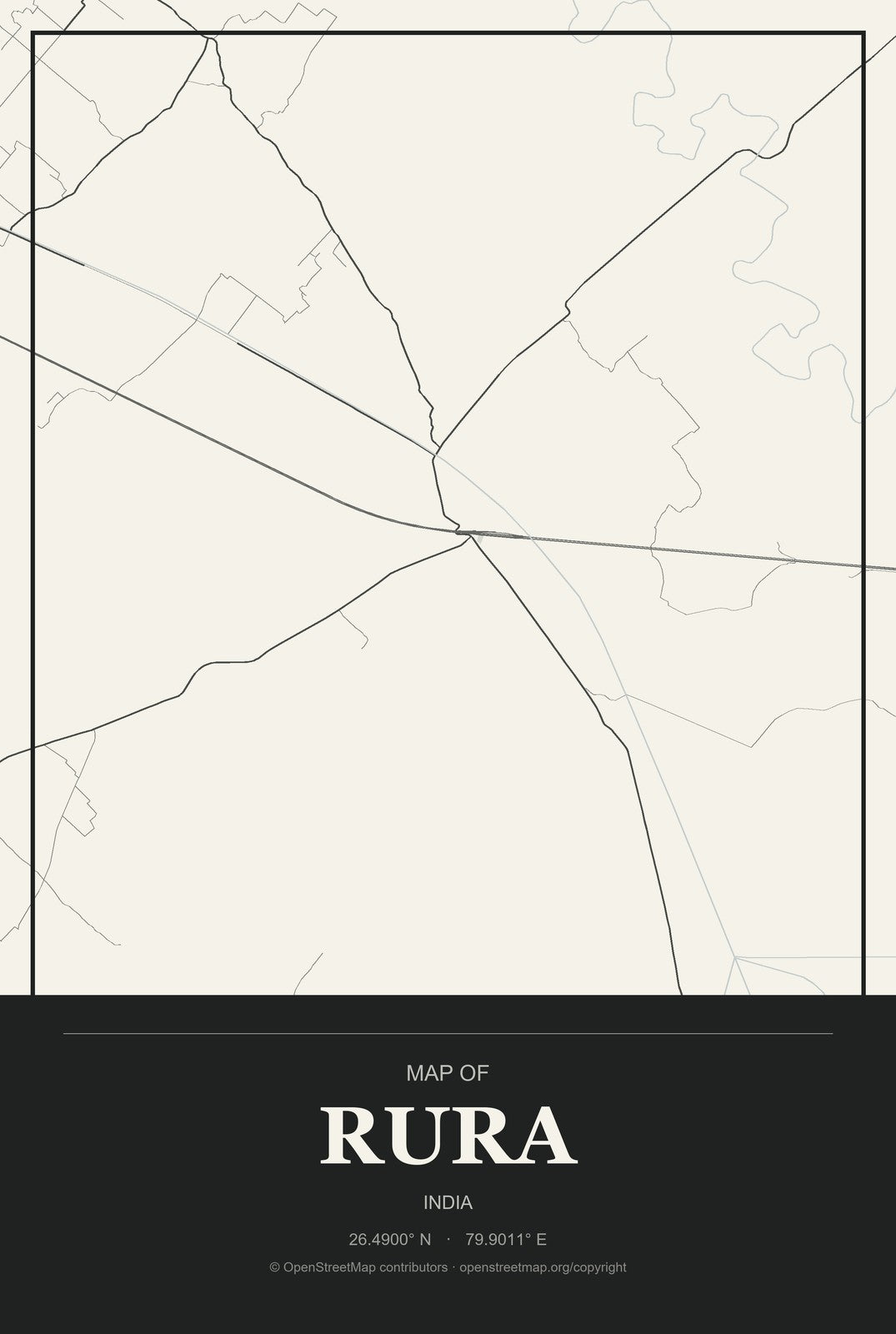 Rura, India City Map Aluminum Sign in Museum Plaque style