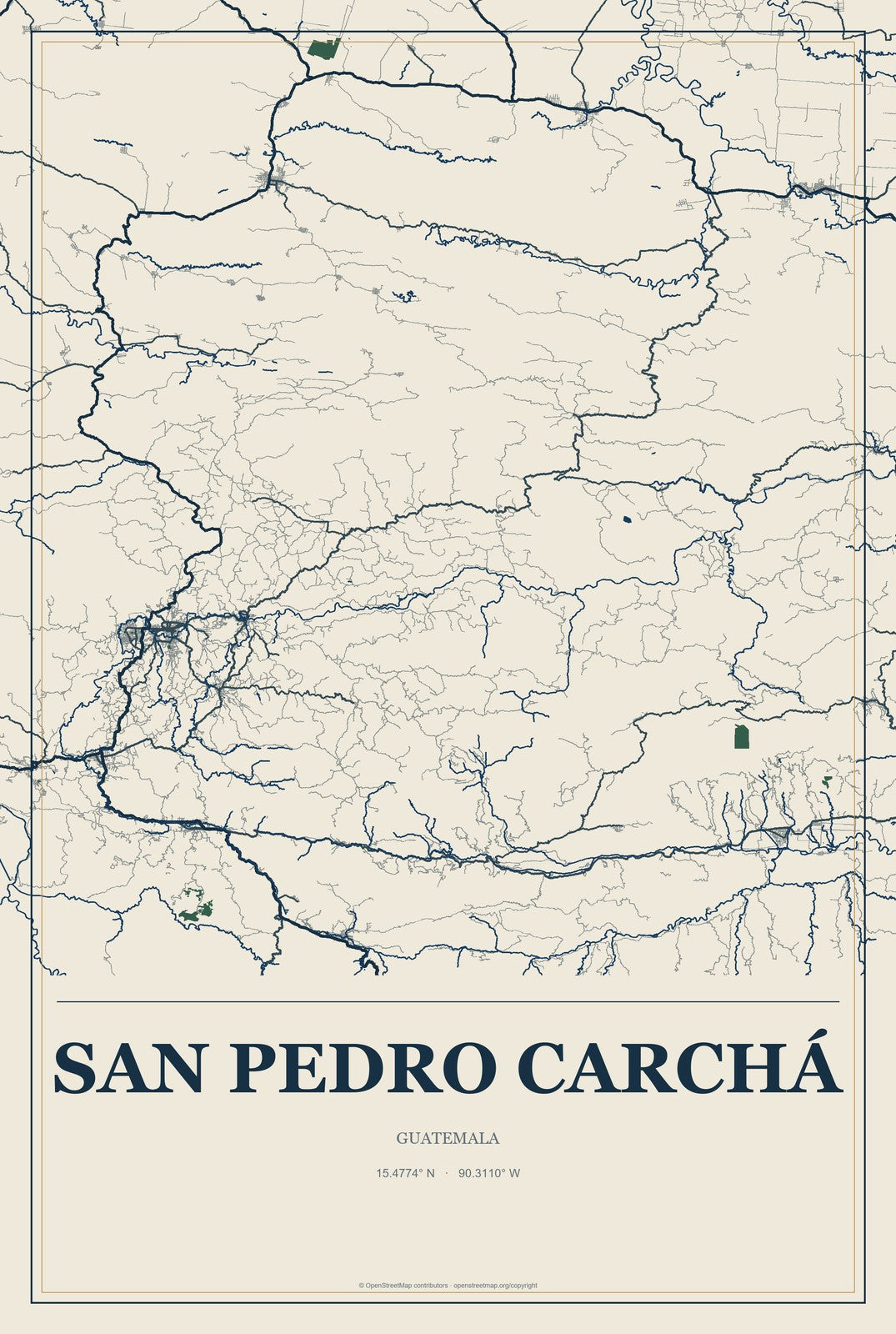 San Pedro Carchá, Guatemala City Map Aluminum Sign in Coastal Cutout style