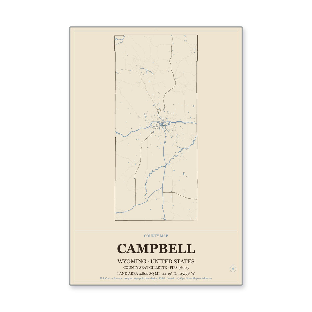 Campbell County, Wyoming Map Aluminum Sign in Heritage Nautical style