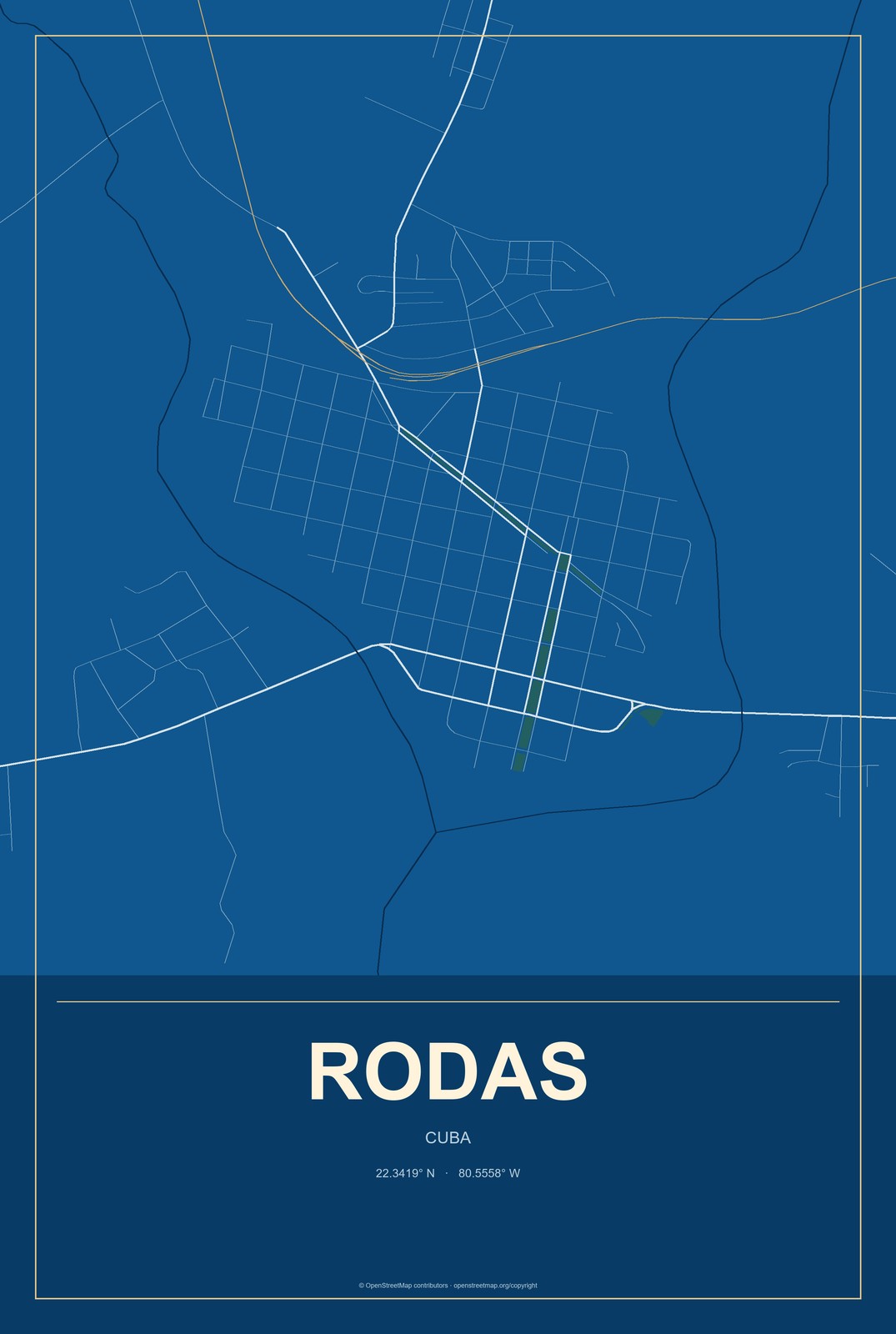 Rodas, Cuba City Map Aluminum Sign in Harbor Cobalt style