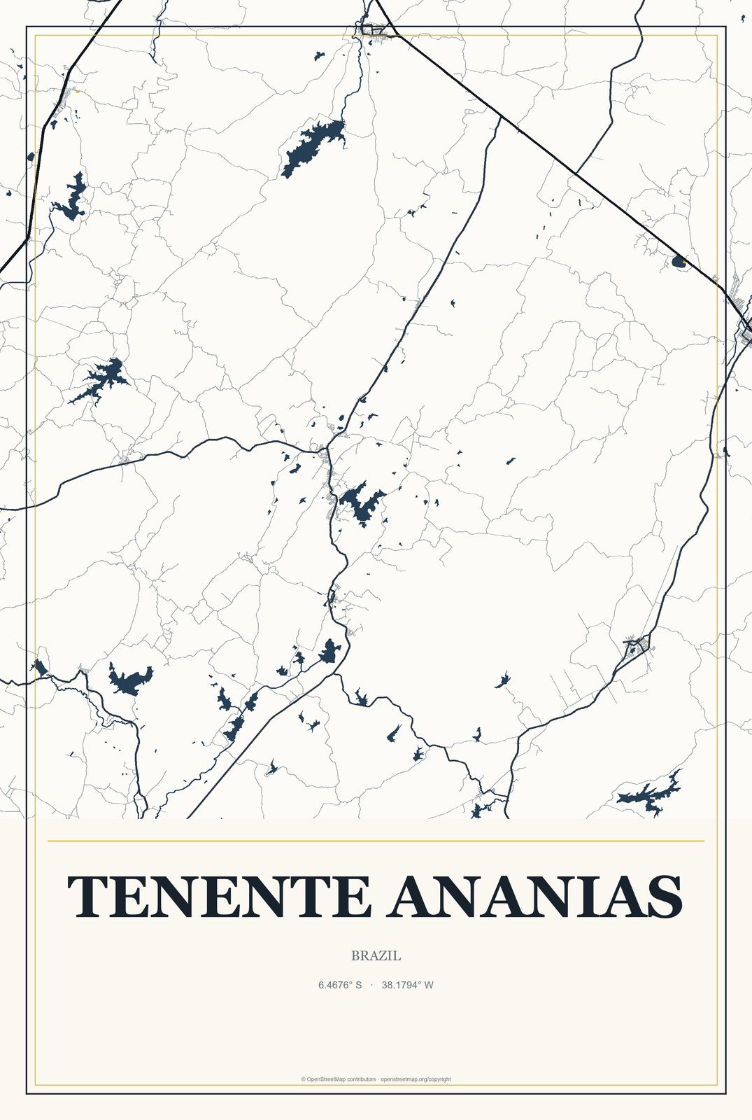 Tenente Ananias, Brazil City Map Aluminum Sign in Citrine Modern style
