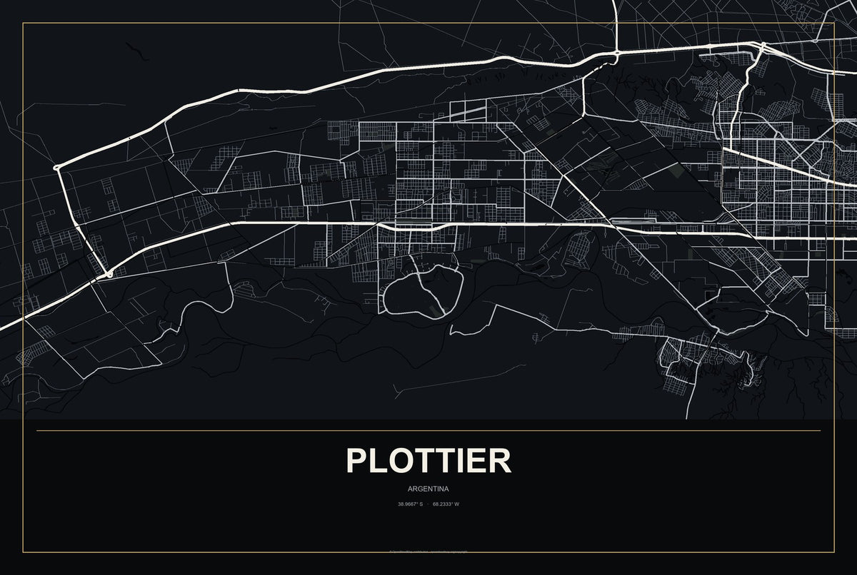 Plottier, Argentina City Map Aluminum Sign in Metropolitan Noir style