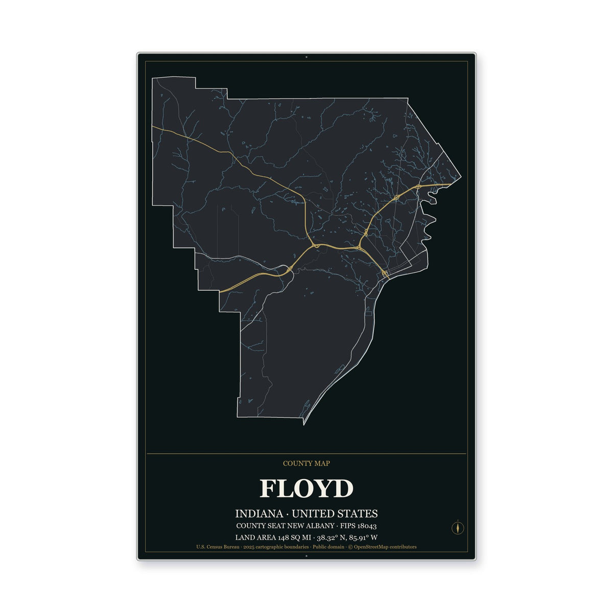 Floyd County, Indiana Map Aluminum Sign in Metropolitan Noir style