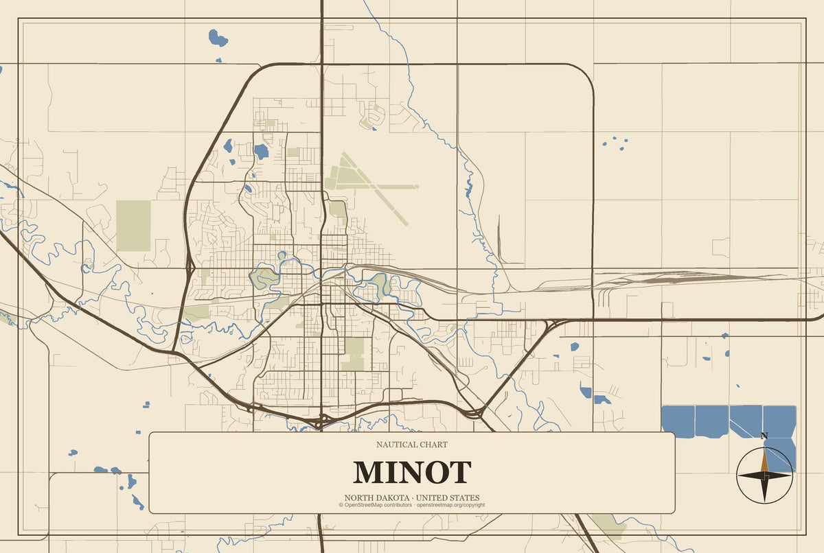 Minot, North Dakota City Map Aluminum Sign in Heritage Nautical style