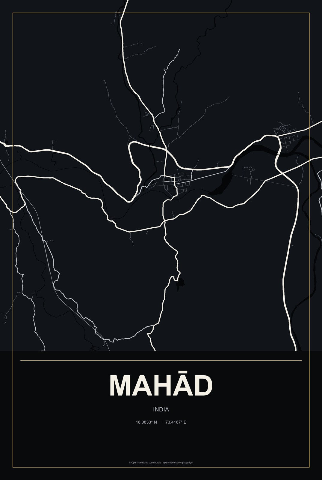 Mahād, India City Map Aluminum Sign in Metropolitan Noir style