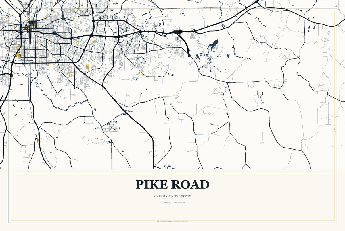 Pike Road, Alabama City Map Aluminum Sign in Citrine Modern style