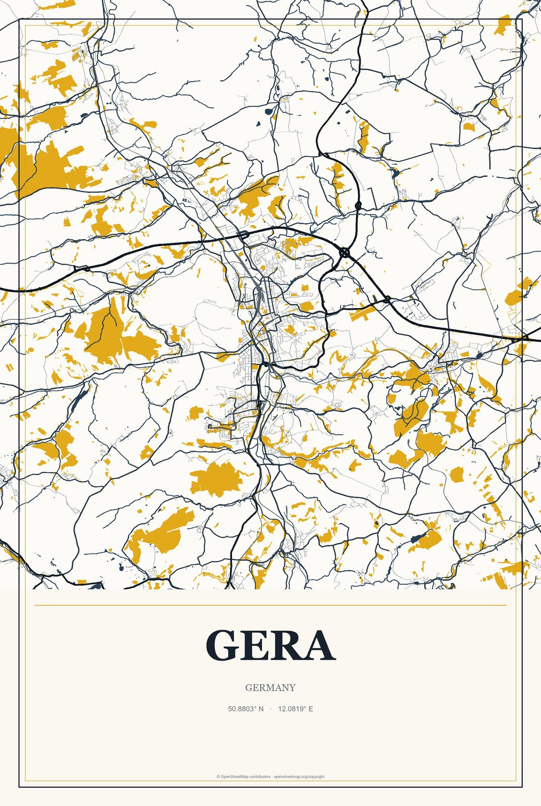 Gera, Germany City Map Aluminum Sign in Citrine Modern style