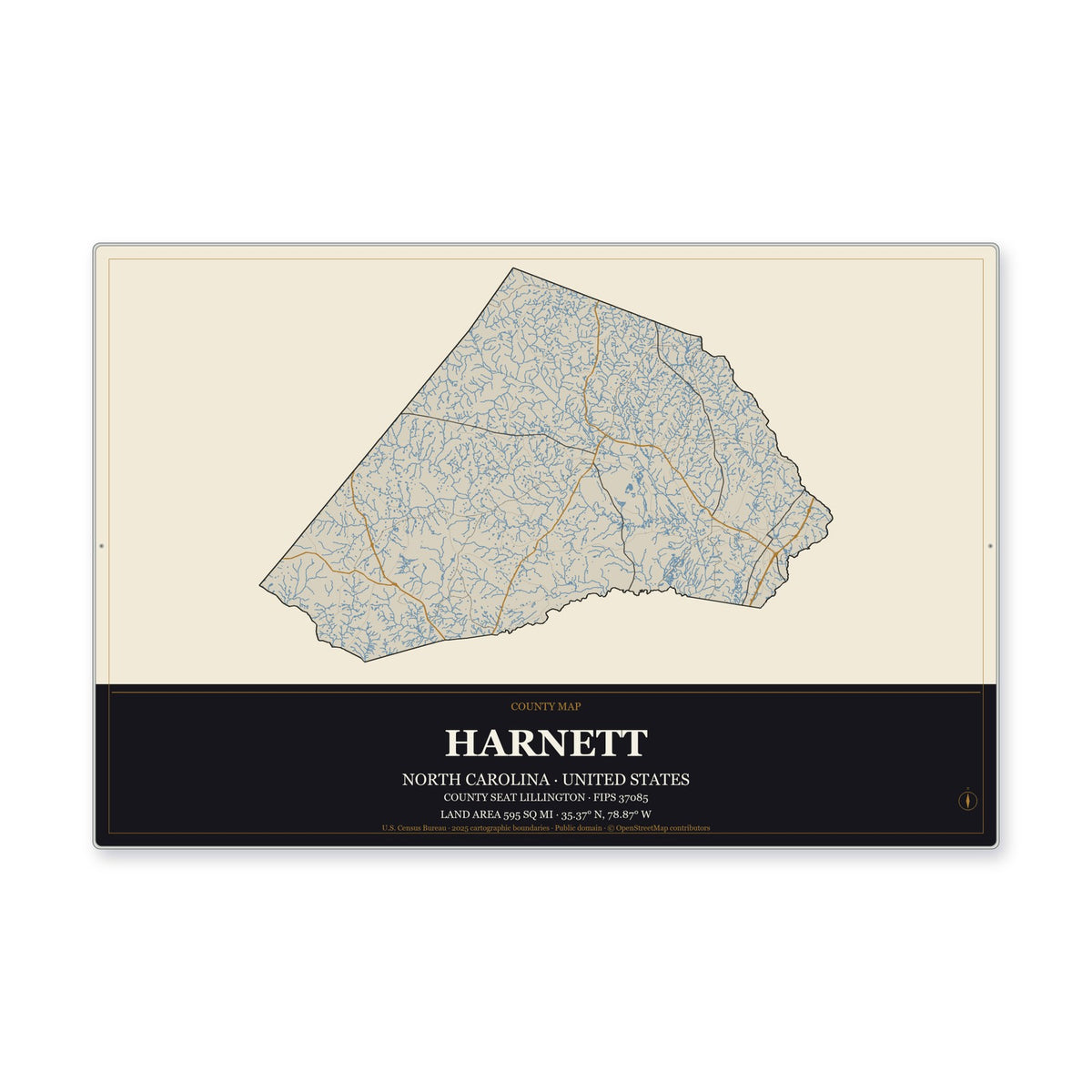 Harnett County, North Carolina Map Aluminum Sign in Museum Plaque style