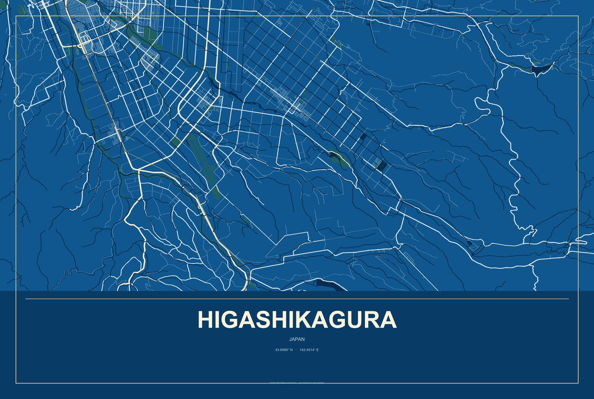 Higashikagura, Japan City Map Aluminum Sign in Harbor Cobalt style