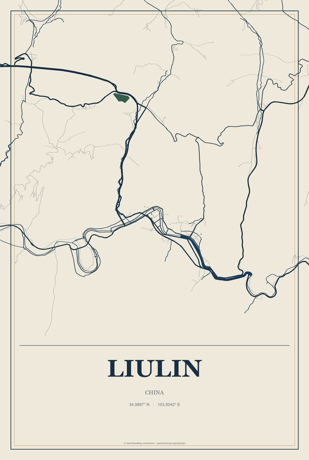 Liulin, China City Map Aluminum Sign in Coastal Cutout style