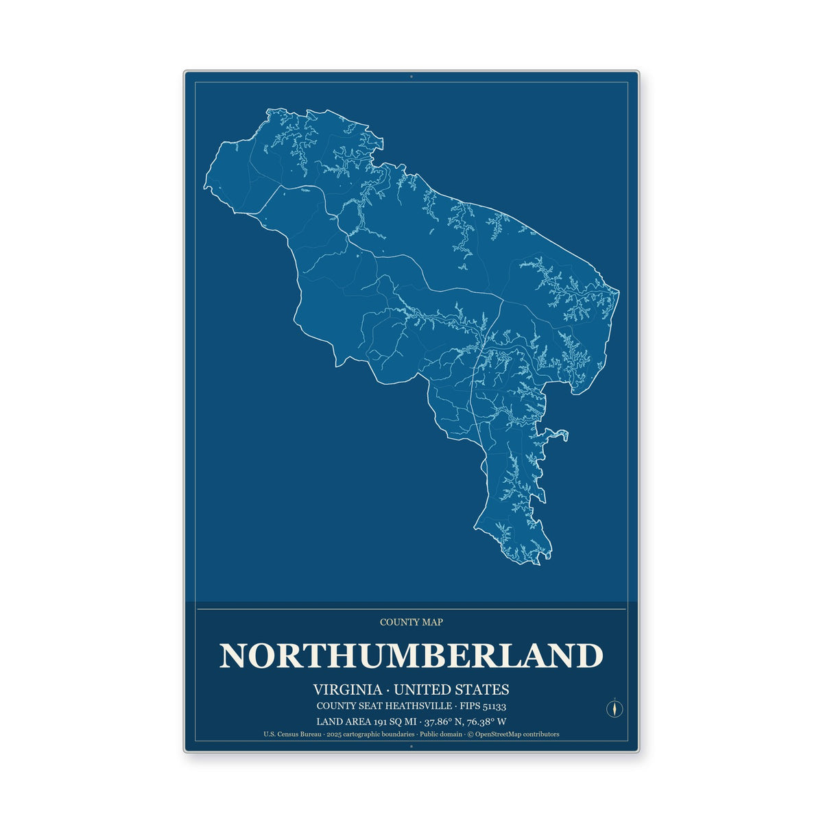 Northumberland County, Virginia Map Aluminum Sign in Harbor Cobalt style