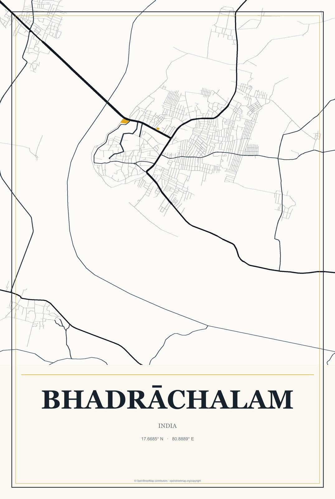 Bhadrāchalam, India City Map Aluminum Sign in Citrine Modern style